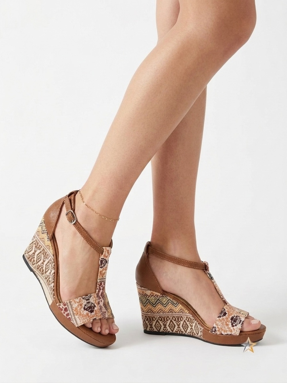 Women’s Boho Geometric Print Wedges Ankle Strap Sandals Brown Multi EU Size 36